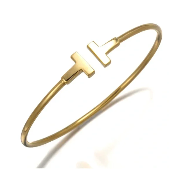 GOLD DOUBLE T WIRE OPEN CUFF BRACELET